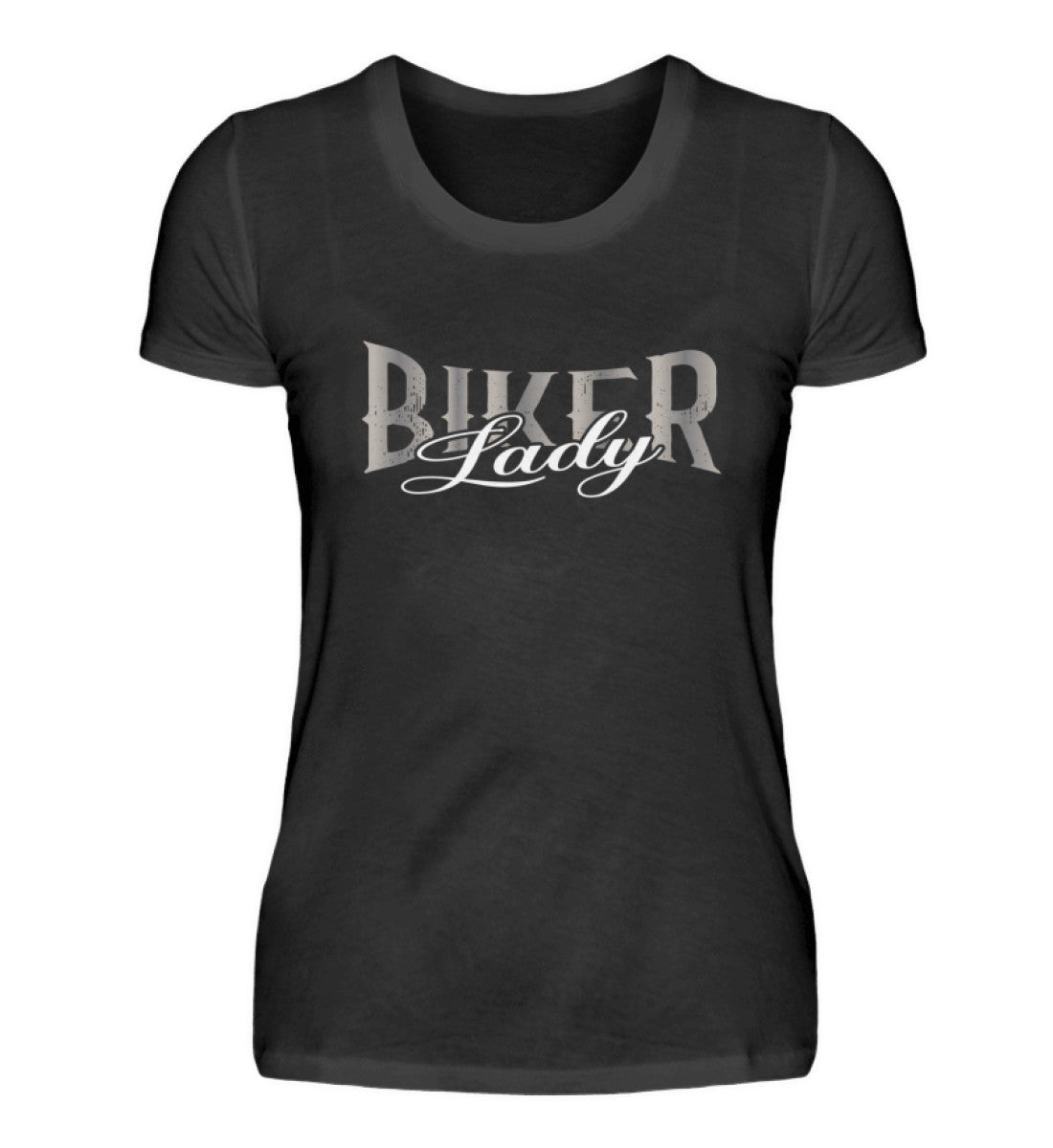 Ein T-Shirt für Motorradfahrerinnen von Wingbikers mit dem Aufdruck, Biker Lady, in schwarz.