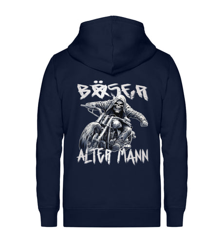 Ein Reißverschluss-Jacke von Wingbikers für Motorradfahrer mit dem Aufdruck, Böser alter Mann, in navy blau. 