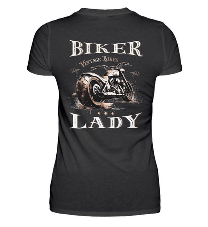 Ein Bikerin T-Shirt mit einem Aufdruck im vintage Stil, Biker Lady, mit Back Print in schwarz.
