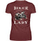 Ein Bikerin T-Shirt mit einem Aufdruck im vintage Stil, Biker Lady, mit Back Print in weinrot.