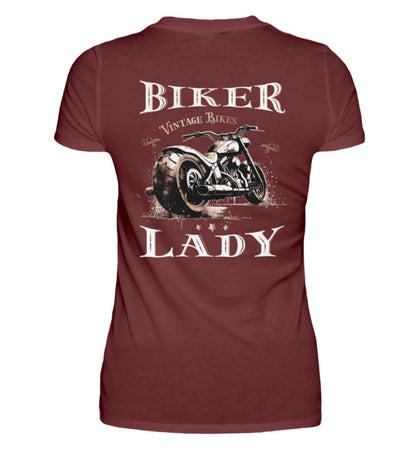 Ein Bikerin T-Shirt mit einem Aufdruck im vintage Stil, Biker Lady, mit Back Print in weinrot.