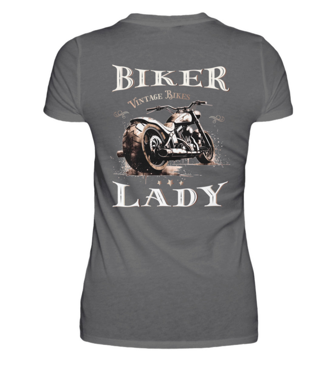 Ein Bikerin T-Shirt mit einem Aufdruck im vintage Stil, Biker Lady, mit Back Print in dunkelgrau.
