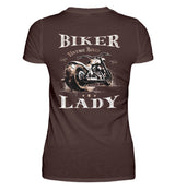 Ein Bikerin T-Shirt mit einem Aufdruck im vintage Stil, Biker Lady, mit Back Print in braun.