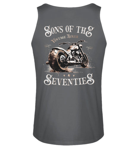 Ein Tanktop für Motorradfahrer von Wingbikers mit dem Aufdruck, Sons of the Seventies - Vintage Biker, mit Back Print, in dunkelgrau.