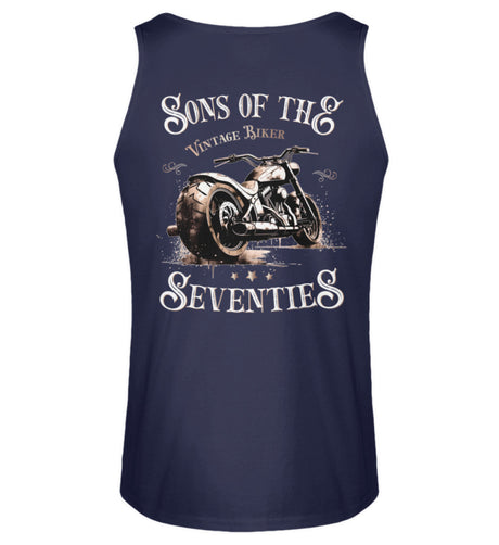 Ein Tanktop für Motorradfahrer von Wingbikers mit dem Aufdruck, Sons of the Seventies - Vintage Biker, mit Back Print, in navy blau.