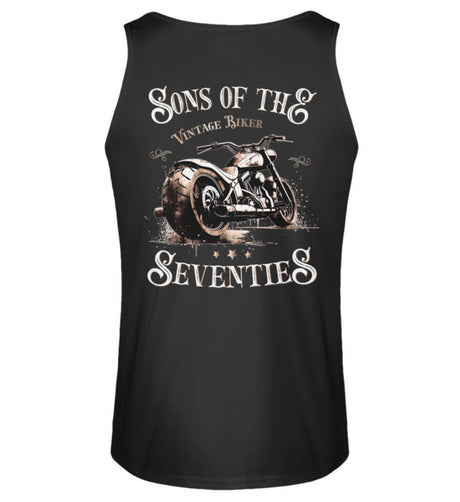 Ein Tanktop für Motorradfahrer von Wingbikers mit dem Aufdruck, Sons of the Seventies - Vintage Biker, mit Back Print, in schwarz.