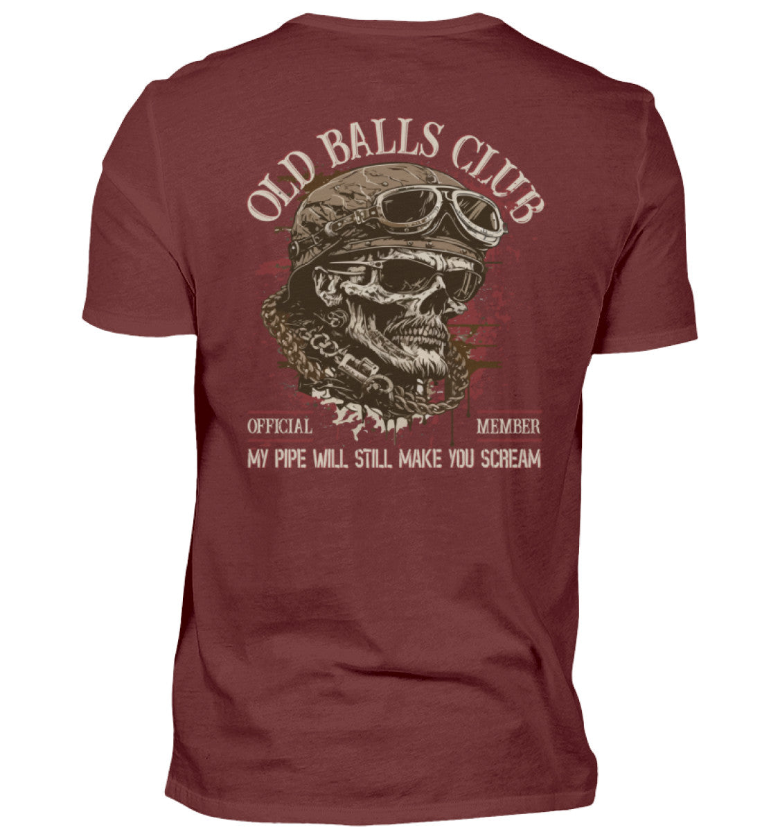 Ein Biker T-Shirt für Motorradfahrer von Wingbikers mit dem Aufdruck, Old Balls Club - My Pipe Will Still Make You Scream, als Back Print, in weinrot.