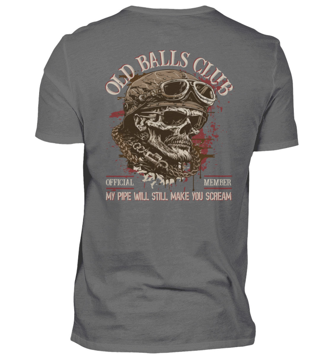 Ein Biker T-Shirt für Motorradfahrer von Wingbikers mit dem Aufdruck, Old Balls Club - My Pipe Will Still Make You Scream, als Back Print, in grau.