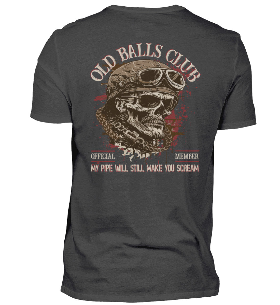 Ein Biker T-Shirt für Motorradfahrer von Wingbikers mit dem Aufdruck, Old Balls Club - My Pipe Will Still Make You Scream, als Back Print, in dunkelgrau.