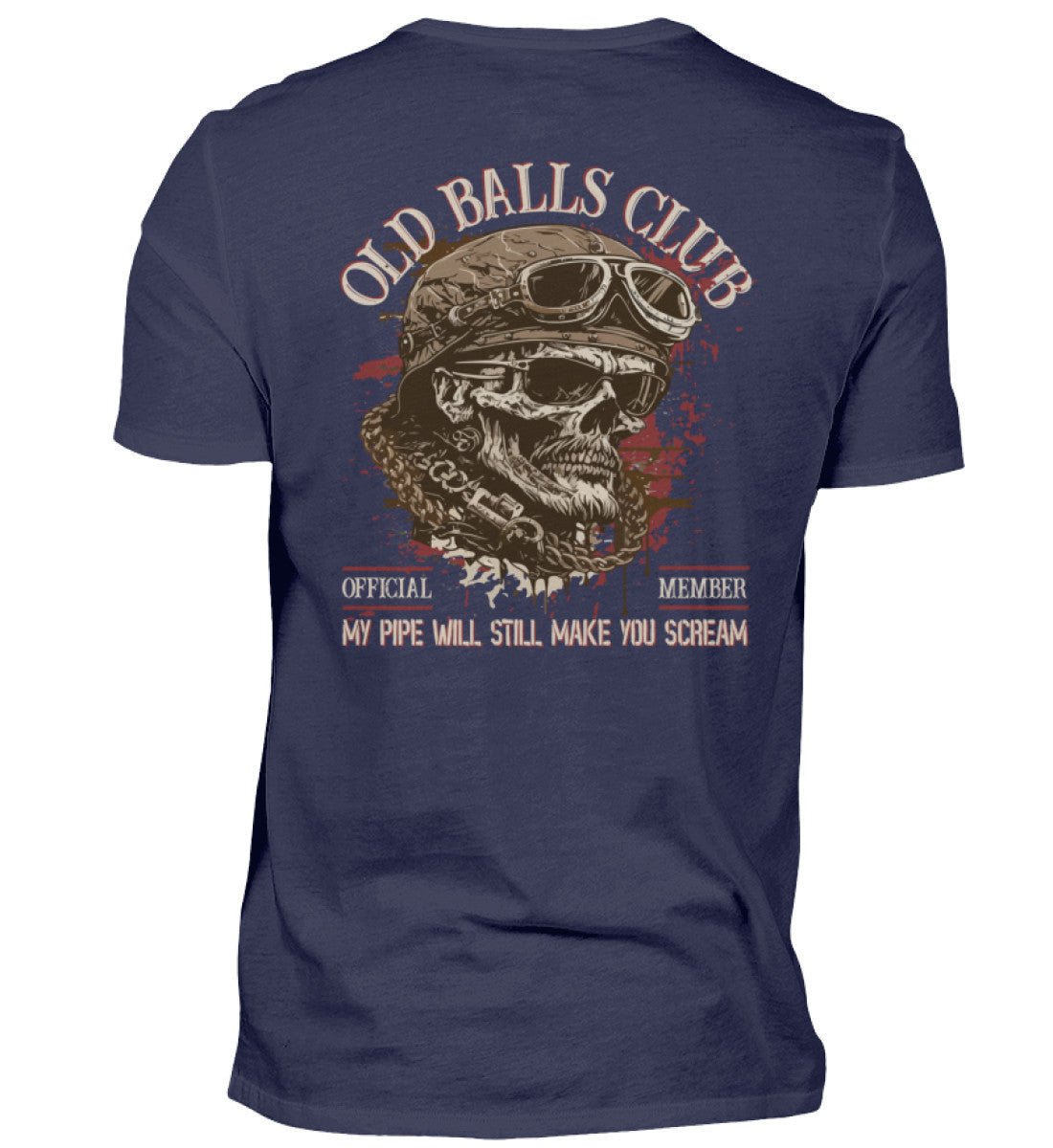 Ein Biker T-Shirt für Motorradfahrer von Wingbikers mit dem Aufdruck, Old Balls Club - My Pipe Will Still Make You Scream, als Back Print, in navy blau.