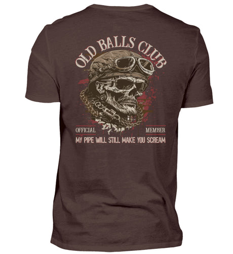 Ein Biker T-Shirt für Motorradfahrer von Wingbikers mit dem Aufdruck, Old Balls Club - My Pipe Will Still Make You Scream, als Back Print, in braun.