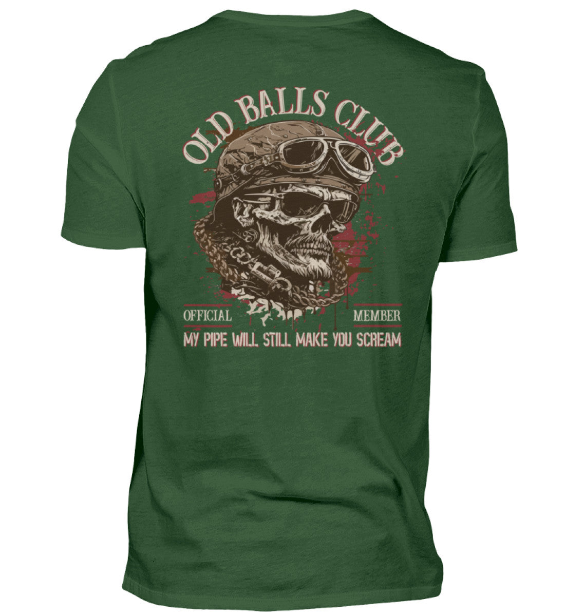 Ein Biker T-Shirt für Motorradfahrer von Wingbikers mit dem Aufdruck, Old Balls Club - My Pipe Will Still Make You Scream, als Back Print, in dunkelgrün.
