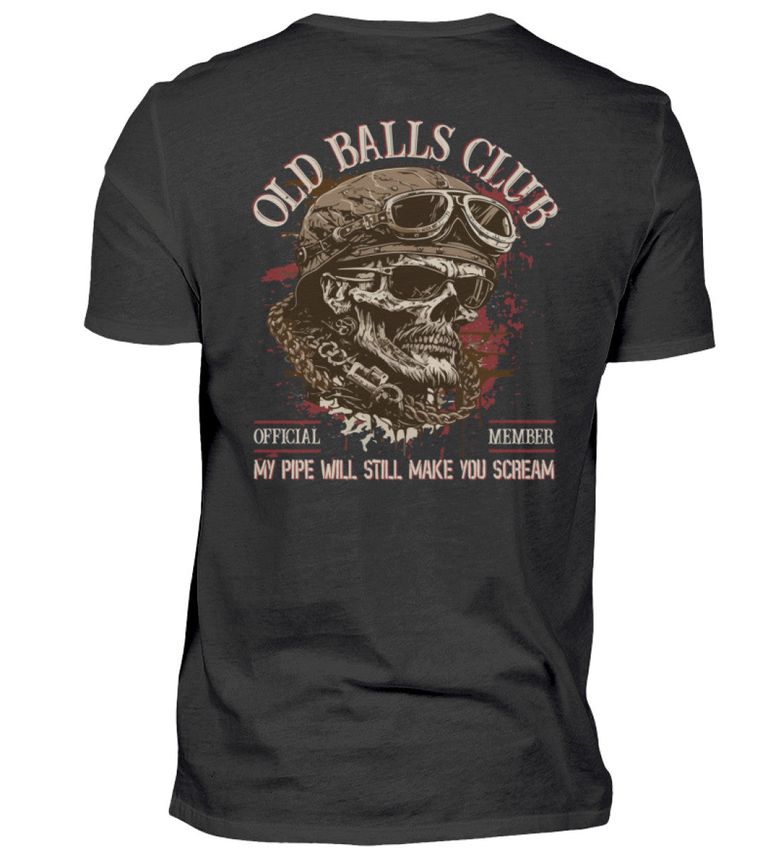 Ein Biker T-Shirt für Motorradfahrer von Wingbikers mit dem Aufdruck, Old Balls Club - My Pipe Will Still Make You Scream, als Back Print, in schwarz.