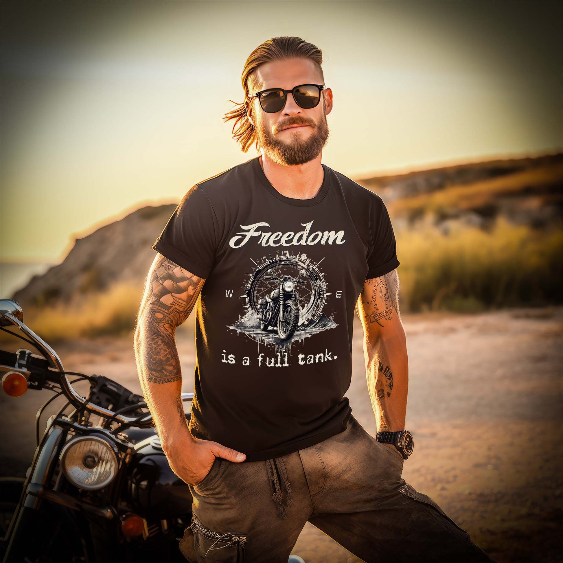 Ein Motorradfahrer mit einem T-Shirt von Wingbikers mit dem Aufdruck, Freedom Is A Full Tank - Freiheit ist ein voller Tank - mit einem Retro Vintage klassischem Motorrad, in schwarz.