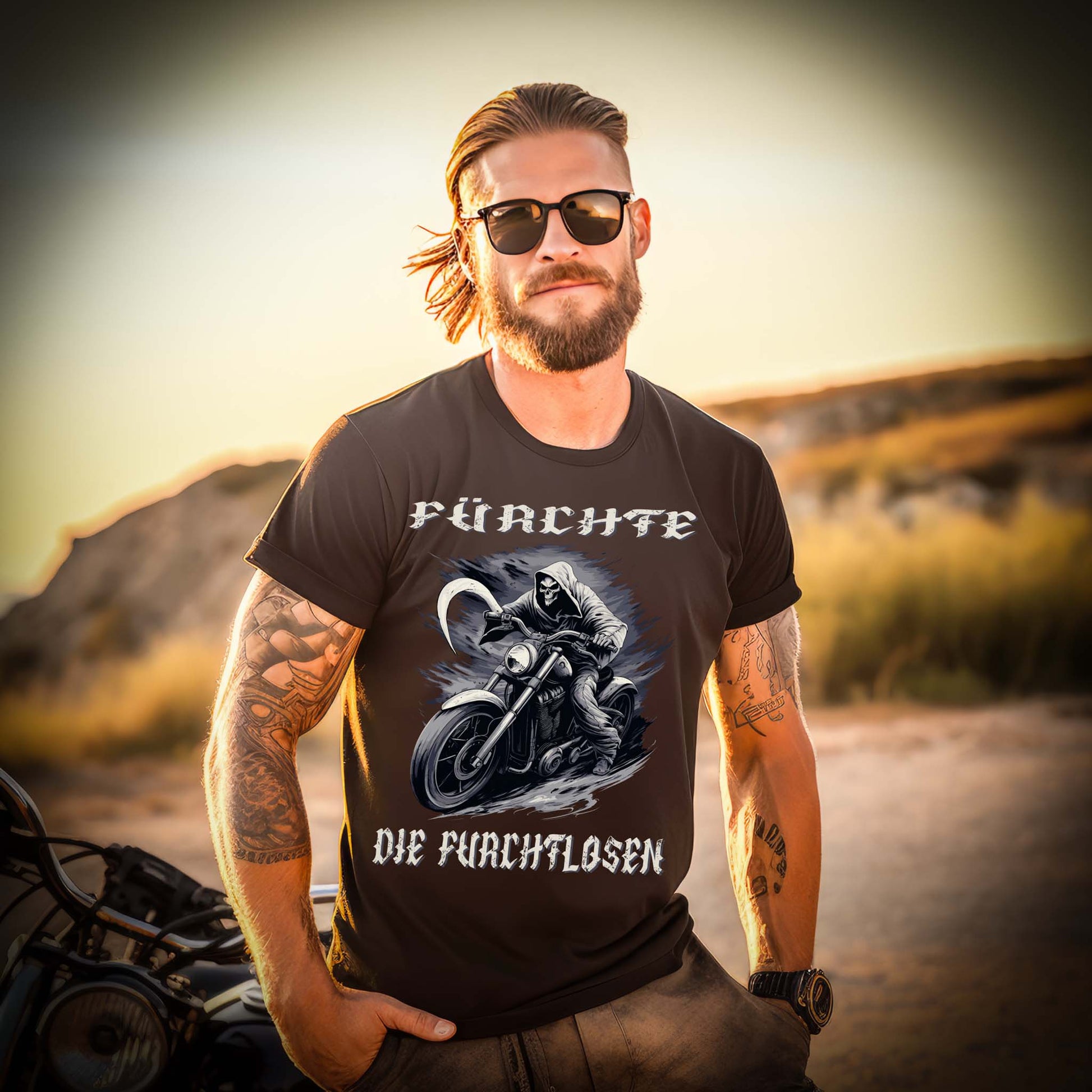 Ein Biker mit einem T-Shirt für Motorradfahrer von Wingbikers mit dem Aufdruck, Fürchte die Furchtlosen, in schwarz.