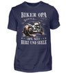 Ein Biker T-Shirt für Motorradfahrer von Wingbikers mit dem Aufdruck, Biker Opa - Benzin im Blut - Opa mit Herz und Seele, in navy blau.