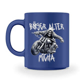 Eine personalisierbare Biker-Tasse für Motorradfahrer, von WingBikers mit dem beidseitigen Aufdruck, Böser alter Mann, in blau.