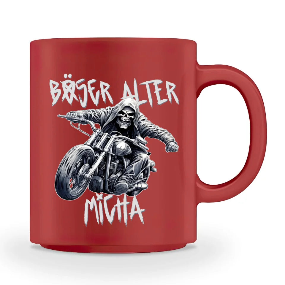 Eine personalisierbare Biker-Tasse für Motorradfahrer, von WingBikers mit dem beidseitigen Aufdruck, Böser alter Mann, in rot.