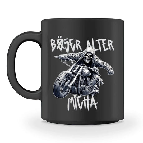 Eine personalisierbare Biker-Tasse für Motorradfahrer, von WingBikers mit dem beidseitigen Aufdruck, Böser alter Mann, in schwarz.