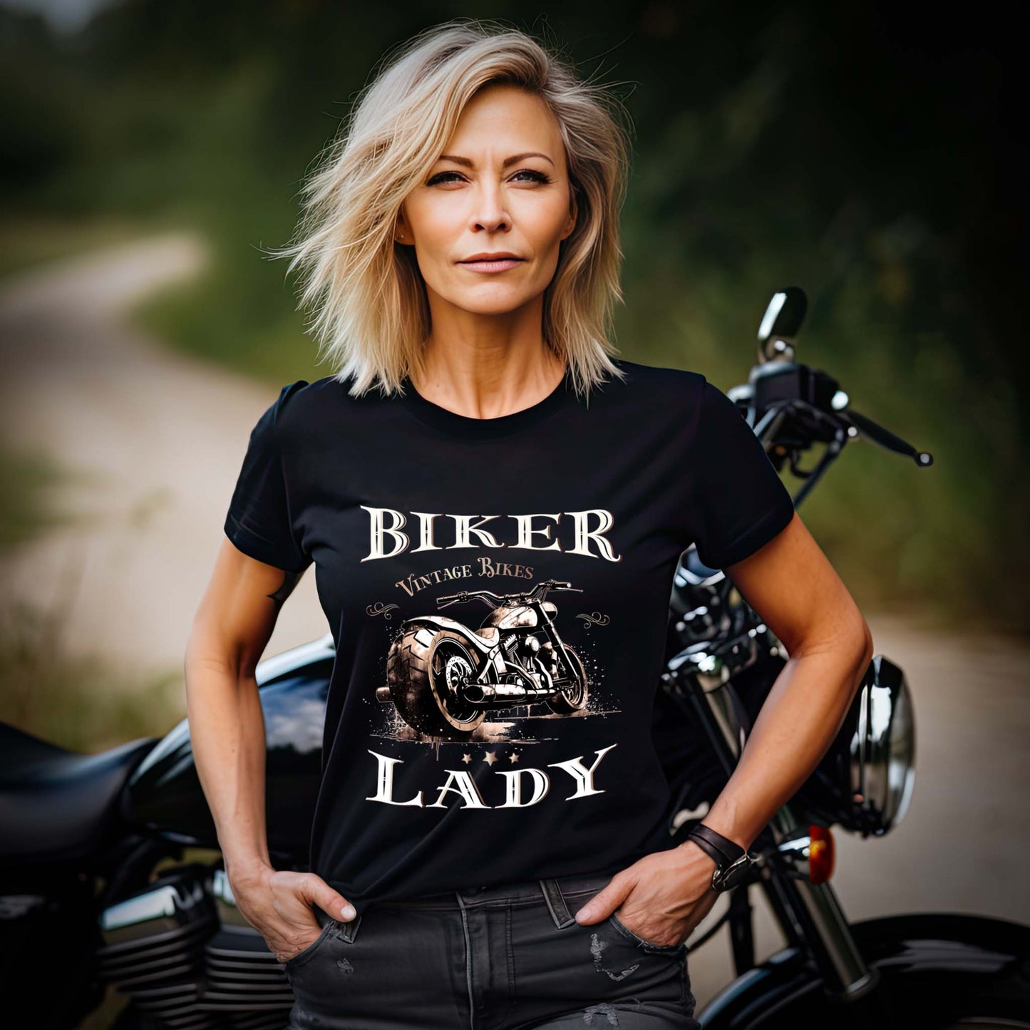 Eine Bikerin mit einem T-Shirt für Motorradfahrerinnen, von Wingbikers, mit dem Aufdruck, Biker Lady - im vintage Stil, in schwarz.