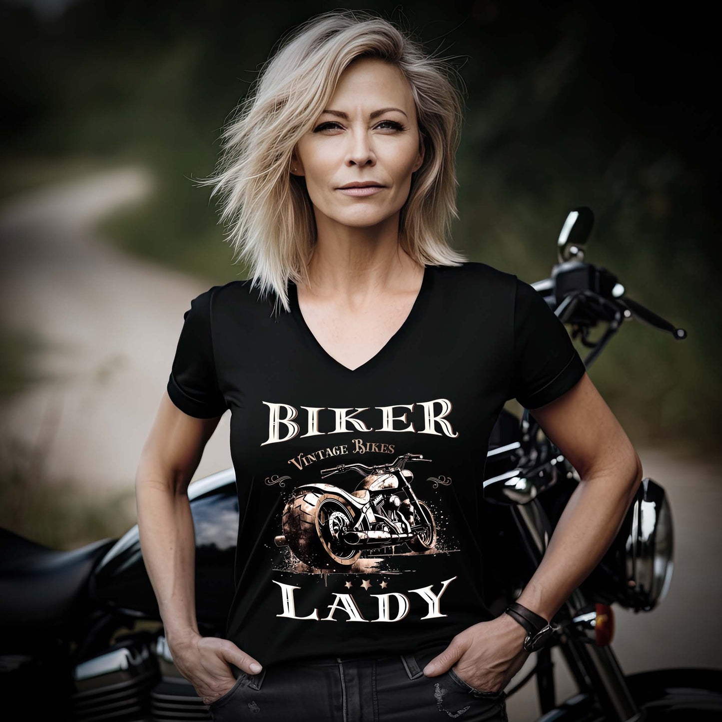 Eine Frau mit einem T-Shirt mit V-Ausschnitt für Motorradfahrerinnen von Wingbikers mit dem Aufdruck, Biker Lady - mit einer Chopper im vintage Stil, in schwarz.