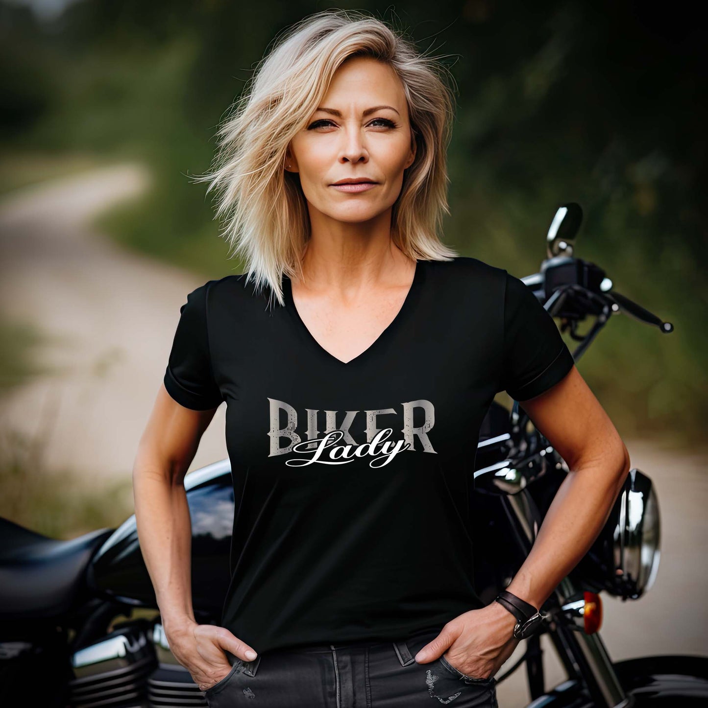 Eine Frau mit einem T-Shirt mit V-Ausschnitt für Motorradfahrerinnen von Wingbikers mit dem Aufdruck, Biker Lady, in schwarz.