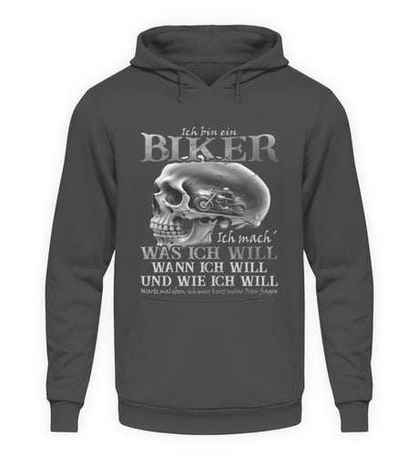 Ein Biker Hoodie von Wingbikers, mit dem Aufdruck, Ich bin ein Biker. Ich mache was ich will, wann ich will und wie ich will, warte mal eben ich muss kurz meine Frau fragen, in Anthrazit.