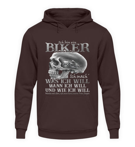 Ein Biker Hoodie von Wingbikers, mit dem Aufdruck, Ich bin ein Biker. Ich mache was ich will, wann ich will und wie ich will, warte mal eben ich muss kurz meine Frau fragen, in Braun.