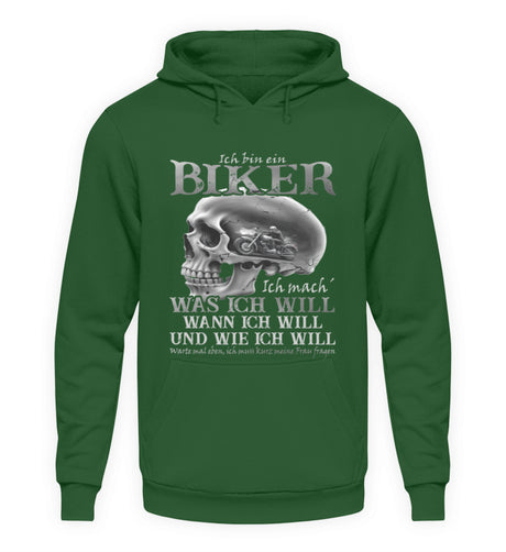 Ein Biker Hoodie von Wingbikers, mit dem Aufdruck, Ich bin ein Biker. Ich mache was ich will, wann ich will und wie ich will, warte mal eben ich muss kurz meine Frau fragen, in grün.