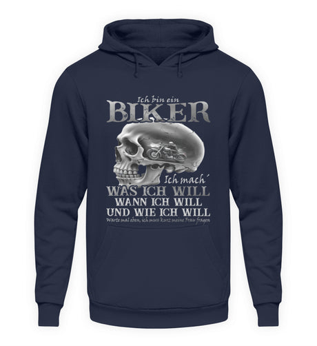 Ein Biker Hoodie von Wingbikers, mit dem Aufdruck, Ich bin ein Biker. Ich mache was ich will, wann ich will und wie ich will, warte mal eben ich muss kurz meine Frau fragen, in Navy.