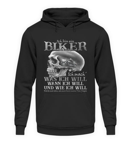 Ein Biker Hoodie von Wingbikers, mit dem Aufdruck, Ich bin ein Biker. Ich mache was ich will, wann ich will und wie ich will, warte mal eben ich muss kurz meine Frau fragen, in Schwarz.