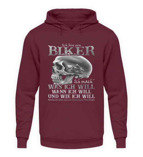 Ein Biker Hoodie von Wingbikers, mit dem Aufdruck, Ich bin ein Biker. Ich mache was ich will, wann ich will und wie ich will, warte mal eben ich muss kurz meine Frau fragen, in Weinrot.