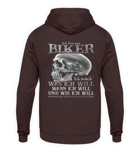 Ein Biker Hoodie von Wingbikers, mit dem Aufdruck, Ich bin ein Biker. Ich mache was ich will, wann ich will und wie ich will, warte mal eben ich muss kurz meine Frau fragen -mit Back Print, in Braun.