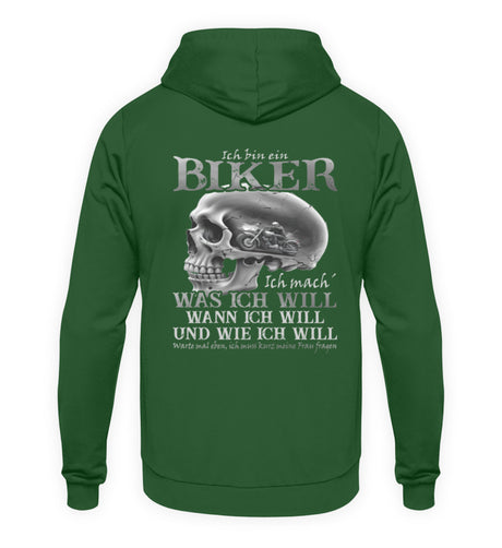 Ein Biker Hoodie von Wingbikers, mit dem Aufdruck, Ich bin ein Biker. Ich mache was ich will, wann ich will und wie ich will, warte mal eben ich muss kurz meine Frau fragen -mit Back Print, in Dunkelgrün.
