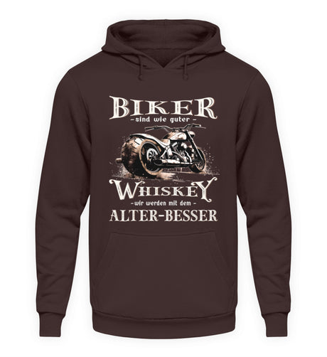 Ein Biker Hoodie von Wingbikers mit einem vintage Aufdruck, Biker sind wie gute Whiskey - wir werden mit dem Alter besser, in braun. 