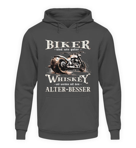Ein Biker Hoodie von Wingbikers mit einem vintage Aufdruck, Biker sind wie gute Whiskey - wir werden mit dem Alter besser, in stahlgrau. 