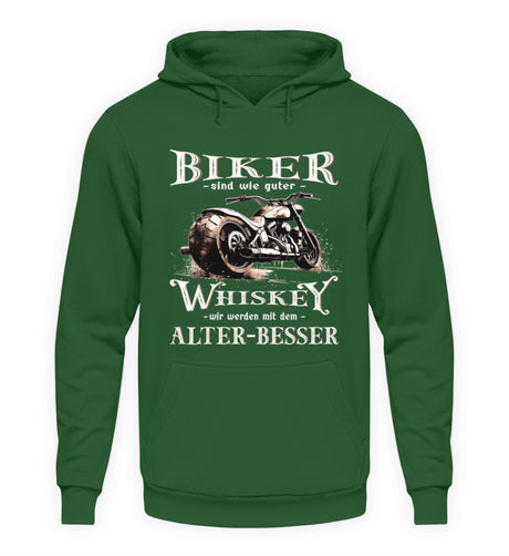 Ein Biker Hoodie von Wingbikers mit einem vintage Aufdruck, Biker sind wie gute Whiskey - wir werden mit dem Alter besser, in grün. 