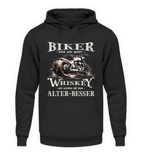 Ein Biker Hoodie von Wingbikers mit einem vintage Aufdruck, Biker sind wie gute Whiskey - wir werden mit dem Alter besser, in schwarz. 