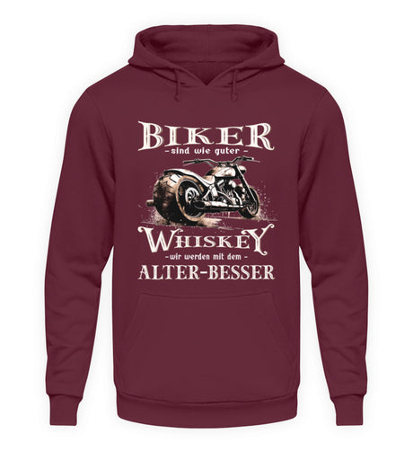 Ein Biker Hoodie von Wingbikers mit einem vintage Aufdruck, Biker sind wie gute Whiskey - wir werden mit dem Alter besser, in weinrot. 