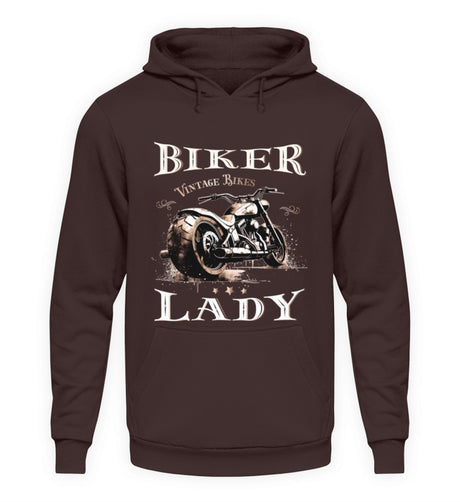 Ein Hoodie für Motorradfahrerinnen von Wingbikers mit dem Aufdruck, Biker Lady, in braun.