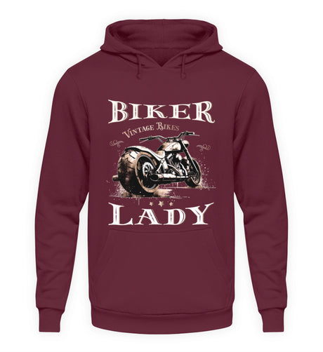 Ein Hoodie für Motorradfahrerinnen von Wingbikers mit dem Aufdruck, Biker Lady, in burgunder.