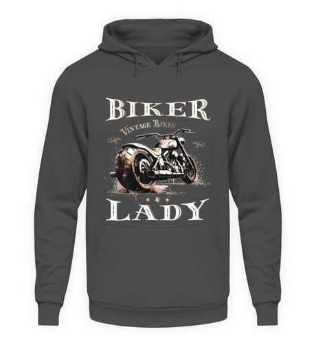 Ein Hoodie für Motorradfahrerinnen von Wingbikers mit dem Aufdruck, Biker Lady, in grau.
