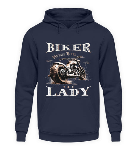 Ein Hoodie für Motorradfahrerinnen von Wingbikers mit dem Aufdruck, Biker Lady, in navy.