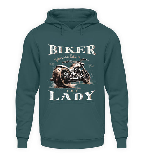 Ein Hoodie für Motorradfahrerinnen von Wingbikers mit dem Aufdruck, Biker Lady, in petrol.