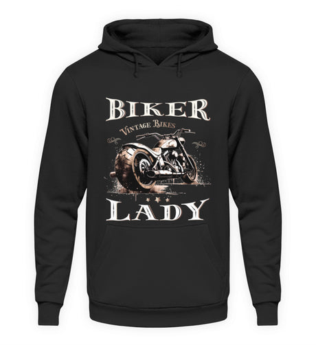 Ein Hoodie für Motorradfahrerinnen von Wingbikers mit dem Aufdruck, Biker Lady, in schwarz.