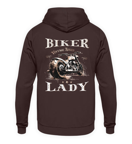 Ein Hoodie für Motorradfahrerinnen von Wingbikers mit dem Aufdruck, Biker Lady, in braun.