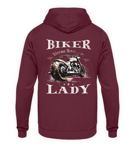Ein Hoodie für Motorradfahrerinnen von Wingbikers mit dem Aufdruck, Biker Lady, in burgunder.