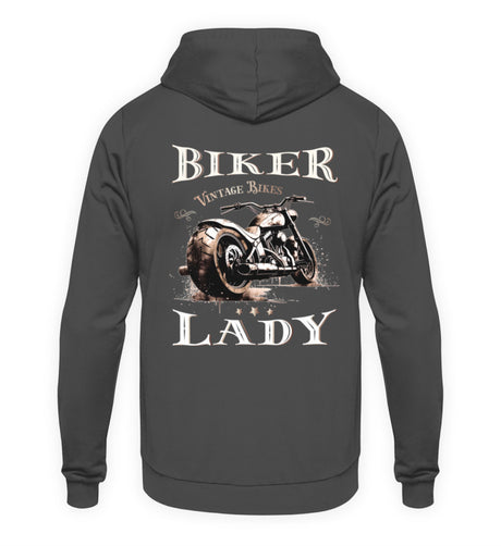 Ein Hoodie für Motorradfahrerinnen von Wingbikers mit dem Aufdruck, Biker Lady, in grau.