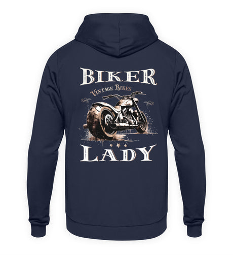 Ein Hoodie für Motorradfahrerinnen von Wingbikers mit dem Aufdruck, Biker Lady, in navy.