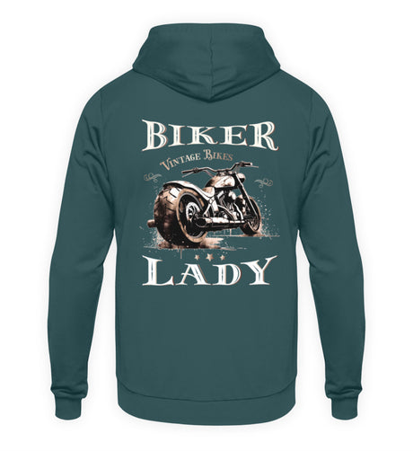 Ein Hoodie für Motorradfahrerinnen von Wingbikers mit dem Aufdruck, Biker Lady, in petrol.